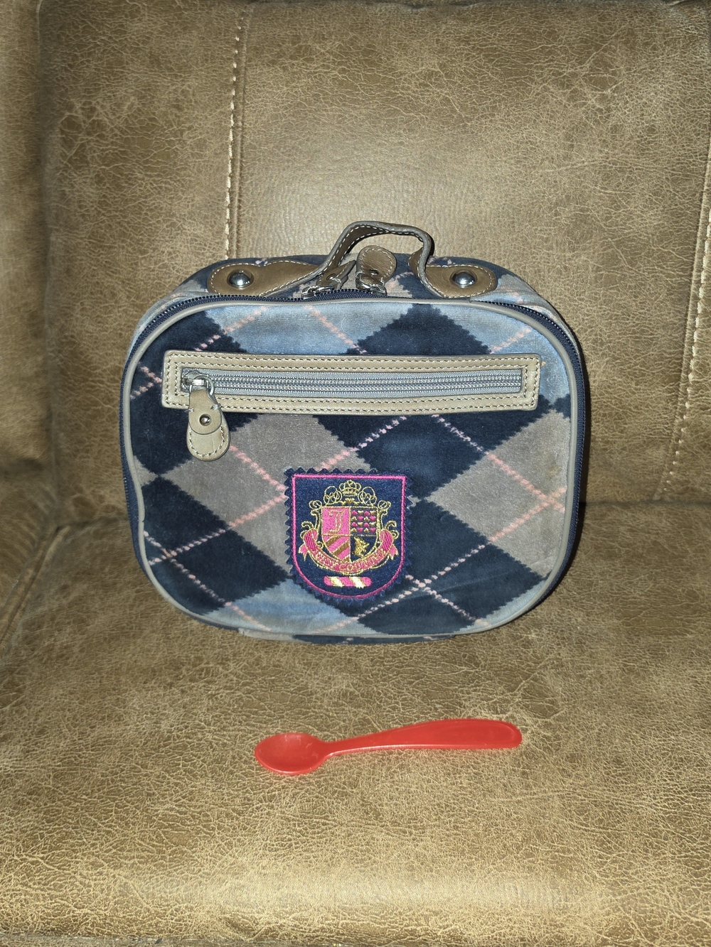 NWOT RARE Juicy Couture Argyle Insulated Lunch Bag with Crest - Navy Gray Pink